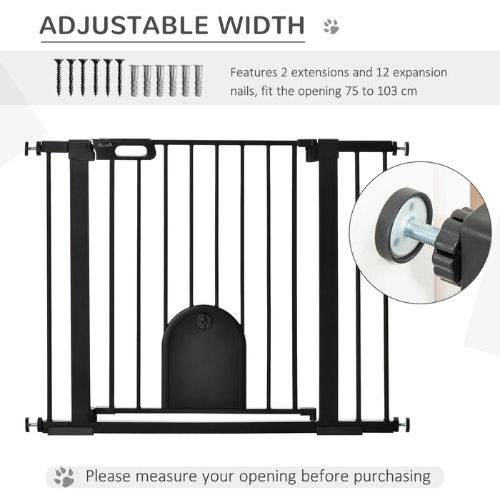 Dog Gate with Cat Flap Pet Safety Gate Barrier, Stair Pressure Fit, Auto Close, Double Locking, for Doorways, Hallways, 75-103 cm Black