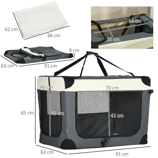 91cm Foldable Pet Carrier Bag Soft Travel Dog Crate, Portable Cat Carrier w/ Cushion, for Cats and Large Dogs - Grey