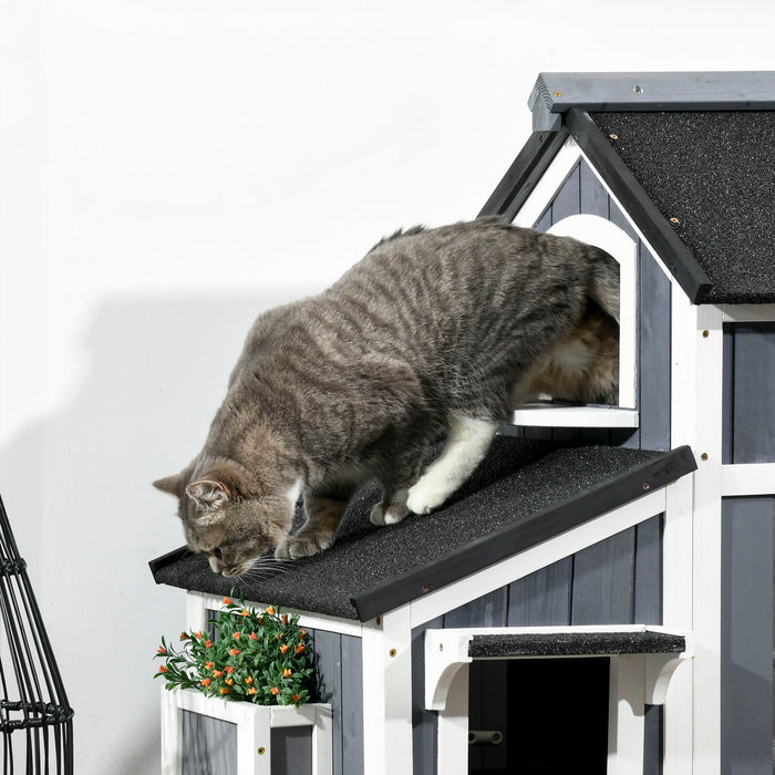 Wooden Outdoor Cat House with Flower Pot, Windows, Multiple Entrances, Water-Resistant Roof - Grey