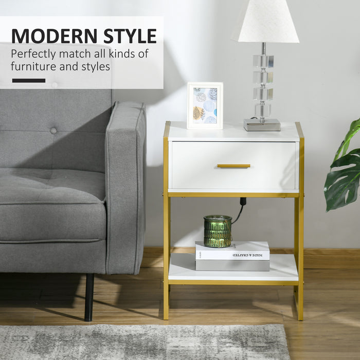 Modern Bedside Table, Bedside Cabinet with Drawer Shelf, Storage Organizer for Bedroom, Living Room, White and Gold