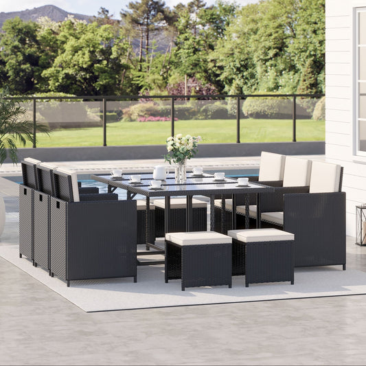 11PC Rattan Garden Furniture Outdoor Patio Dining Table Set Weave Wicker 10 Seater Stool Black
