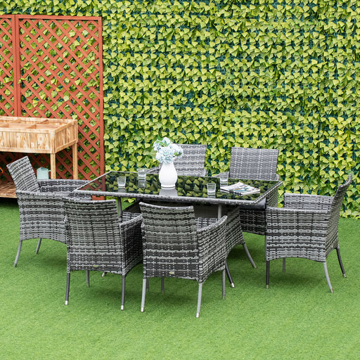 6-Seater Rattan Dining Set Garden Furniture Patio Rectangular Table Cube Chairs Outdoor Fire Retardant Sponge Grey