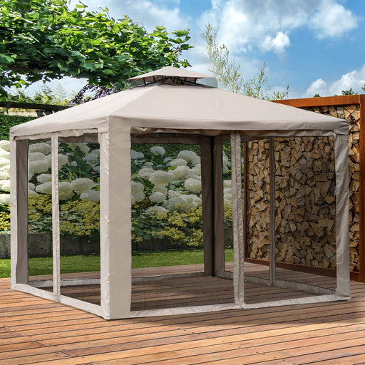 Outdoor Garden Gazebo Tent, 2-tier Roof W/Netting, 295L x 295W x 263Hcm-Taupe