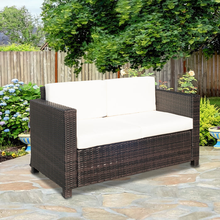 Garden Rattan Sofa 2 Seater Outdoor Garden Wicker Weave Furniture Patio 2-Seater Double Couch Loveseat Brown