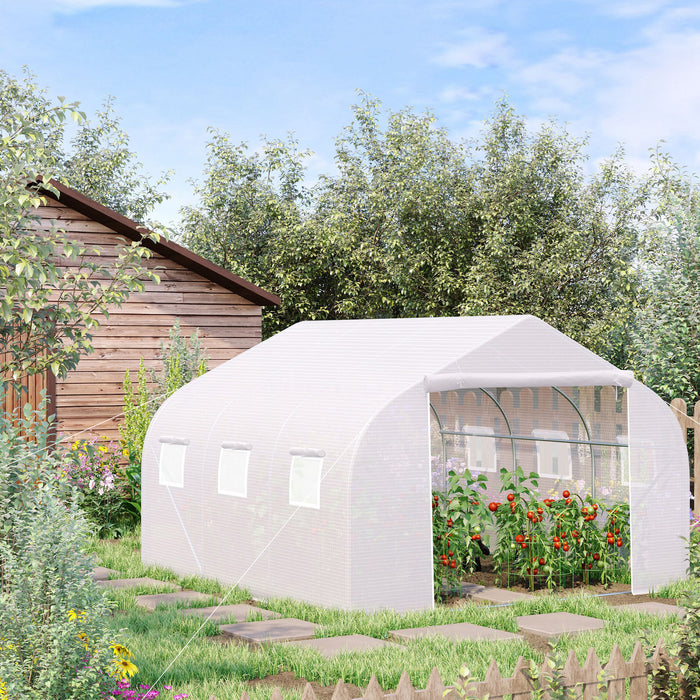 4.5 x 3 x 2m Walk-In Greenhouse Polytunnel Greenhouse Garden Hot House with Steel Frame, Roll Up Door and Windows, White