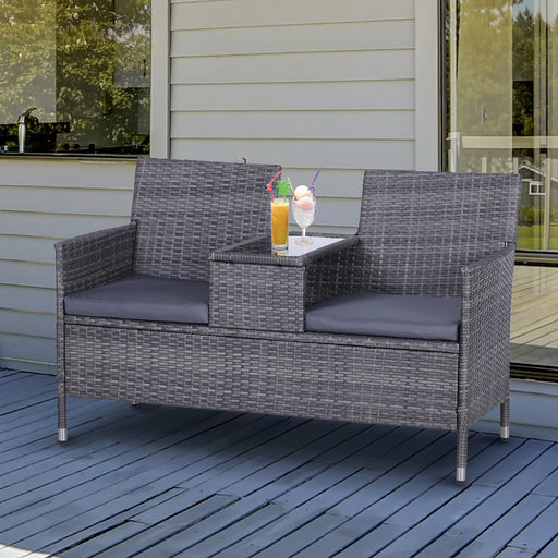 2-Seater PE Rattan Outdoor Garden Bench w/ Centre Table Greyratt