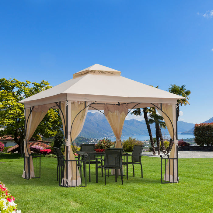 3 x 3(m) Garden Gazebo Patio Party Tent Shelter Outdoor Canopy Double Tier Sun Shade Metal Frame Netting Beige