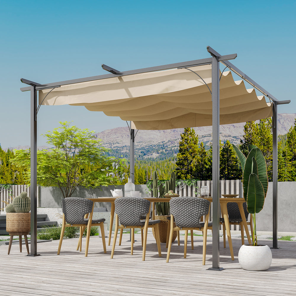 3 x 3(m) Metal Pergola with Retractable Roof, Garden Gazebo Metal Pergola Canopy. Outdoor Sun Shade Shelter for Party BBQ, Beige