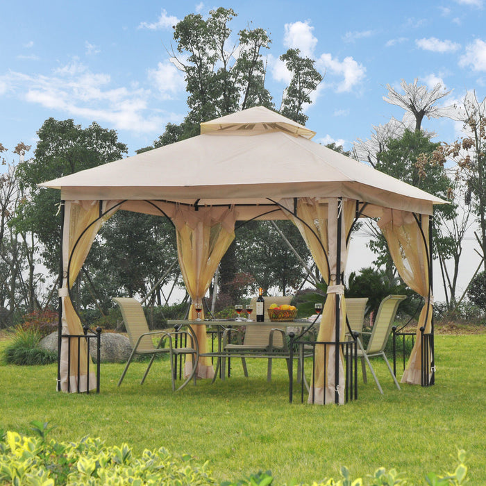 3 x 3(m) Garden Gazebo Patio Party Tent Shelter Outdoor Canopy Double Tier Sun Shade Metal Frame Netting Beige