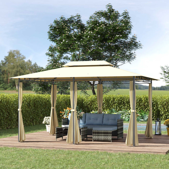 4m x 3(m) Metal Gazebo Canopy Party Tent Garden Pavillion Patio Shelter Pavilion with Curtains Sidewalls Beige