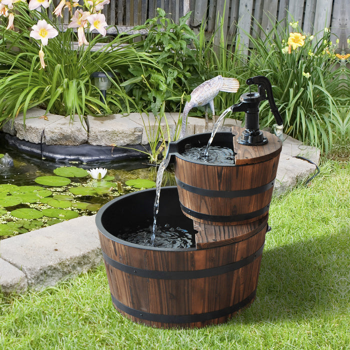 Wooden Water Pump Fountain Cascading Feature Barrel Garden Deck (2 Tier)