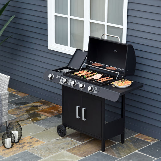 OUT OF STOCK - 4+1 Gas Burner Grill BBQ Trolley Backyard Garden Smoker Side Burner Barbecue w/ Storage Side Table Wheels