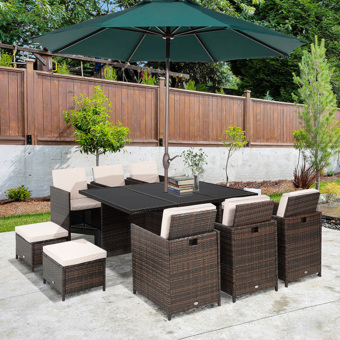 Outdoor 11pc Rattan Garden Furniture Patio Dining Set 10-seater Cube Sofa Weave Wicker 6 Chairs 4 Footrests & 1 Table Mixed Brown