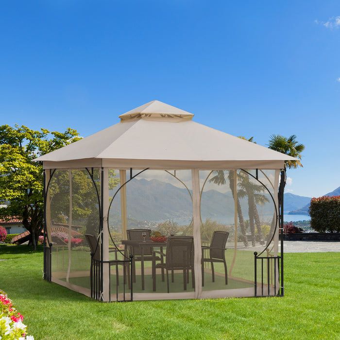 3 x 3(m) Garden Gazebo Patio Party Tent Shelter Outdoor Canopy Double Tier Sun Shade Metal Frame Netting Beige