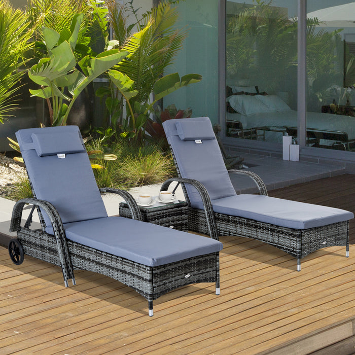 3 Piece Rattan Sun Loungers with Cushions & Coffee Table - Grey