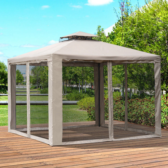 Outdoor Garden Gazebo Tent, 2-tier Roof W/Netting, 295L x 295W x 263Hcm-Taupe