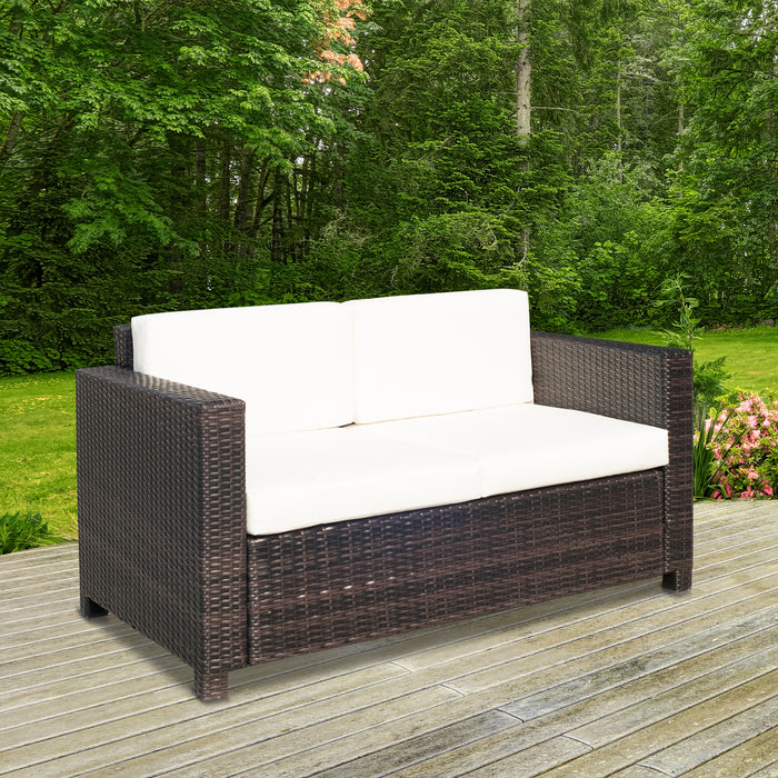 Garden Rattan Sofa 2 Seater Outdoor Garden Wicker Weave Furniture Patio 2-Seater Double Couch Loveseat Brown