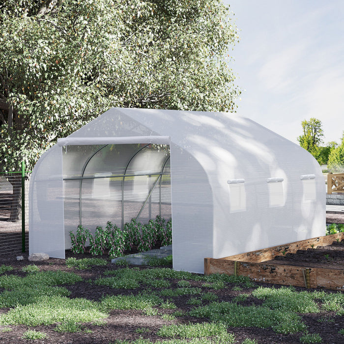 3.5 x 3 x 2m Walk-In Greenhouse Polytunnel Greenhouse Garden Hot House with Steel Frame, Roll Up Door and Windows, White