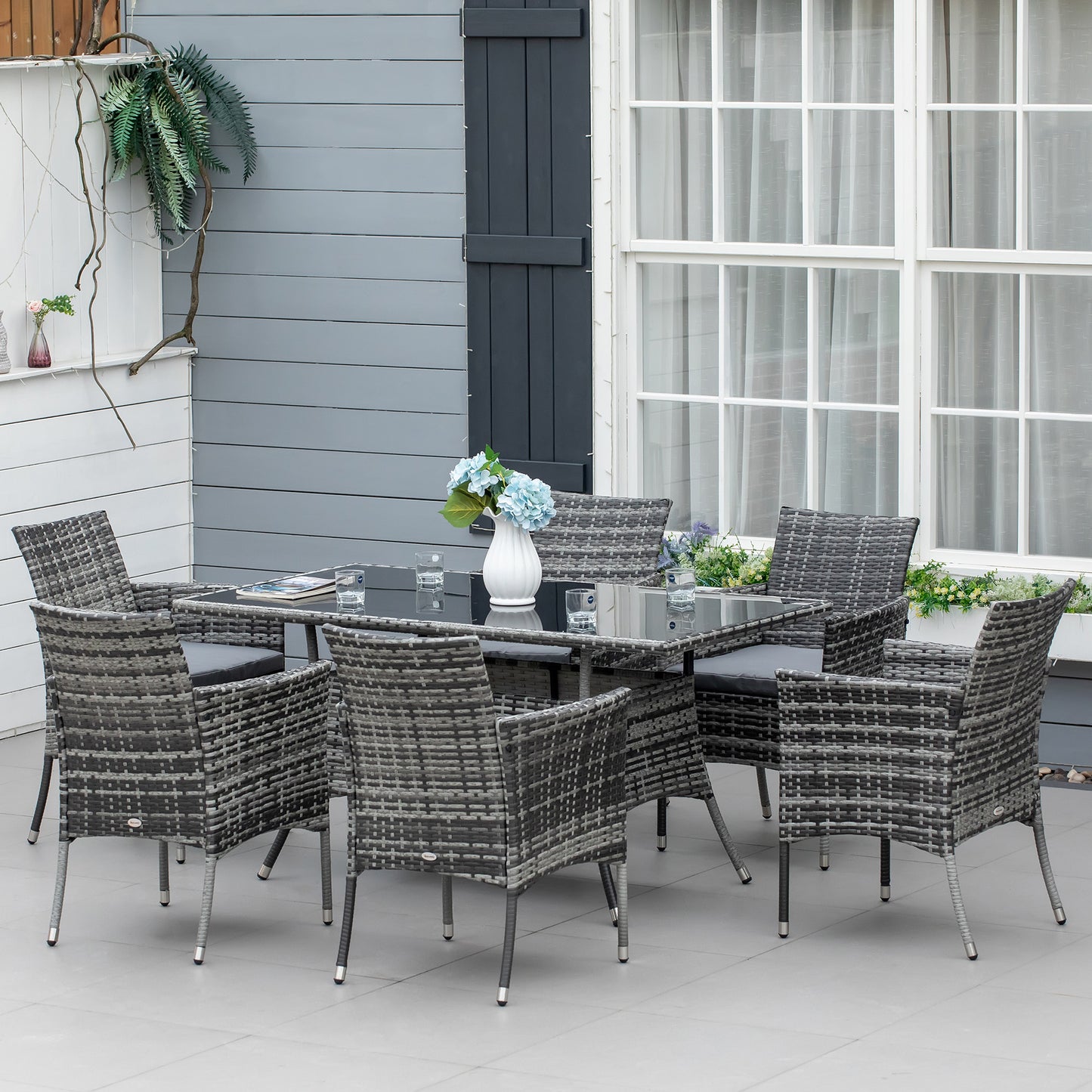 6-Seater Rattan Dining Set Garden Furniture Patio Rectangular Table Cube Chairs Outdoor Fire Retardant Sponge Grey