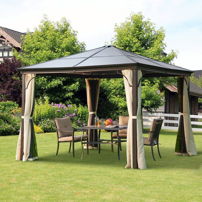 3 x 3(m) Hardtop Gazebo Canopy with Polycarbonate Roof and Aluminium Frame, Garden Pavilion with Mosquito Netting and Curtains, Brown