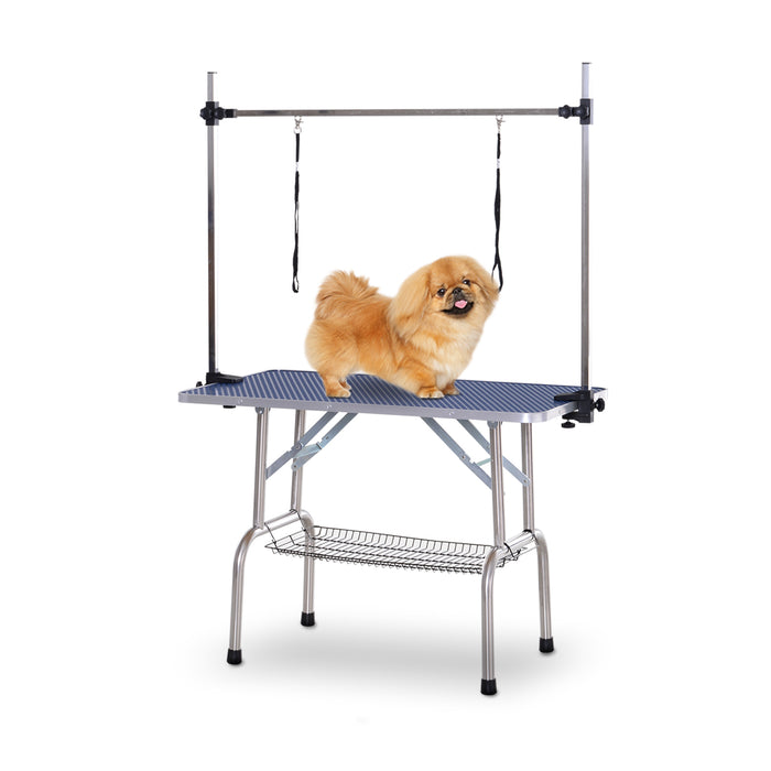 Adjustable Dog Grooming Table Rubber Top 2 Safety Slings Mesh Storage Basket Heavy Metal Blue 107 x 60 x 170cm