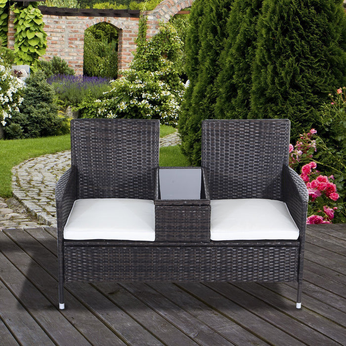 Garden Rattan 2 Seater Companion Seat Wicker Love Seat Weave Partner Bench w/ Cushions Patio Outdoor Furniture (Brown)