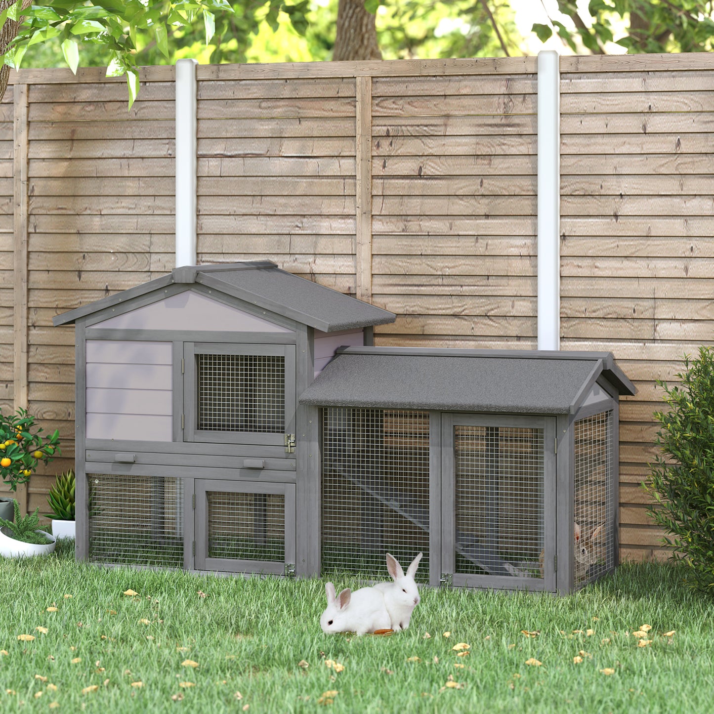 Wooden Rabbit Hutch Outdoor, Double Tier Guinea Pig Hutch, Small Animal House Water-Resistant Roof Ramp 147 x 54 x 84 cm
