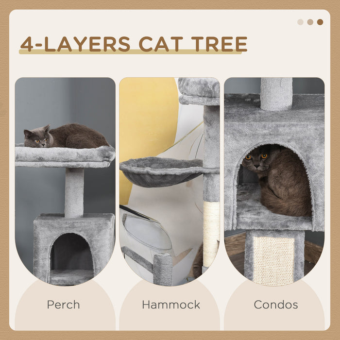 Cat Tree Tower for Indoor Cats 111cm Climbing Kitten Activity Centre with Sisal Scratching Post Pad Perch Hanging Ball Hammock Condo Toy Grey