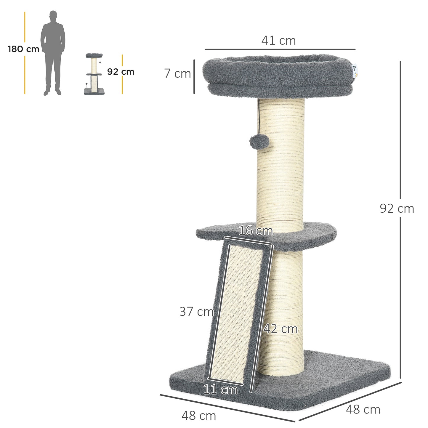Cat Tree Tower, Cat Activity Centre, with Sisal Scratching Post, Multi Level Cat Climbing Frame Indoor, 48 x 48 x 92 cm, Dark Grey