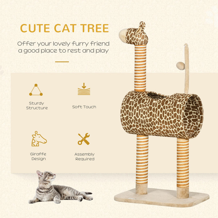 Cat Tree for Indoor Cats Cute Giraffe Kitten Play Tower w/ Scratching Posts, Tunnel, Toy Ball, 48.5 x 34.5 x 101cm - Beige