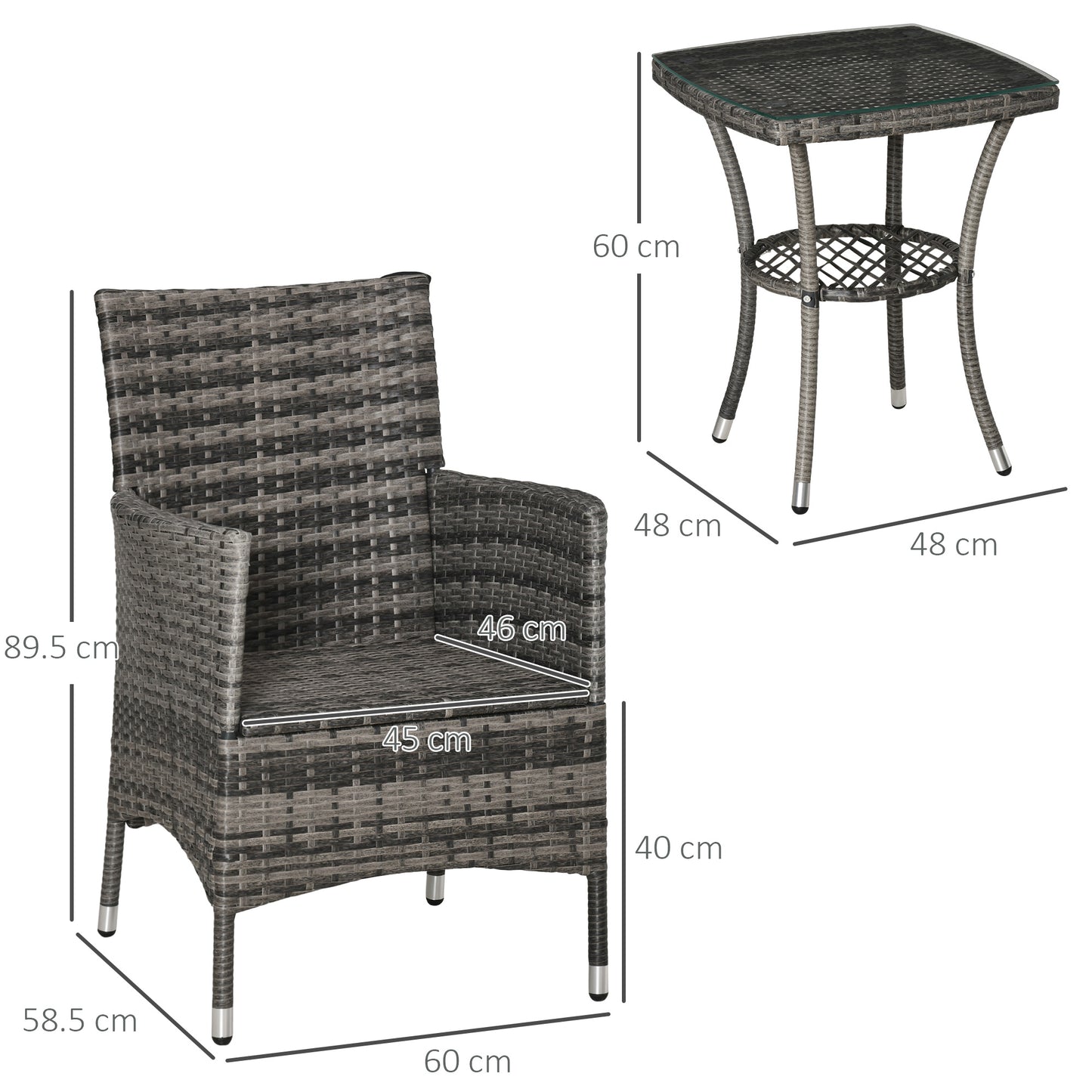 Stylish 3 Piece Outdoor Rattan Bistro Set with Cushions in Mixed Grey