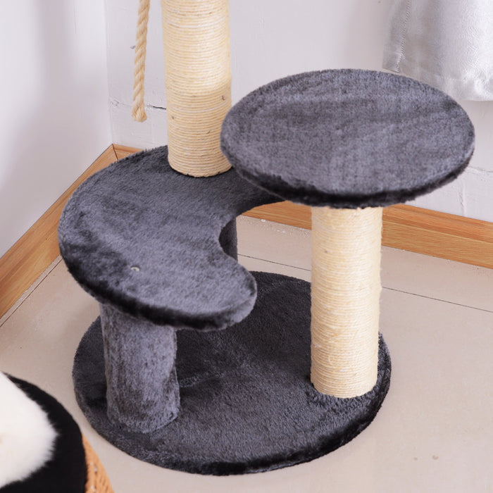 65 cm Cat Tree for Indoor Cats Kitty Scratcher Kitten Activity Center Scratching Post Playhouse 2 Perch w/ Hanging Sisal Rope Grey