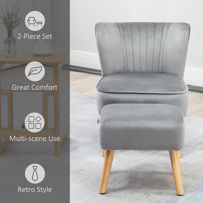 Velvet Accent Chair Occasional Tub Seat Padding Curved Back with Ottoman Wood Frame Legs Home Furniture Light Grey