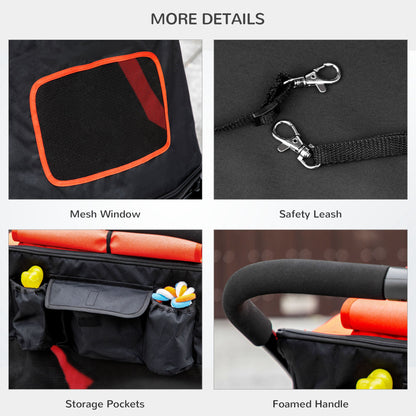 Pet Stroller w/ Universal Front Wheels, Shock Absorber, One-Click Foldable Dog Cat Carriage w/ Brakes, Storage Bags, Mesh Window, Safety Leash, for Large and Medium Dogs - Red