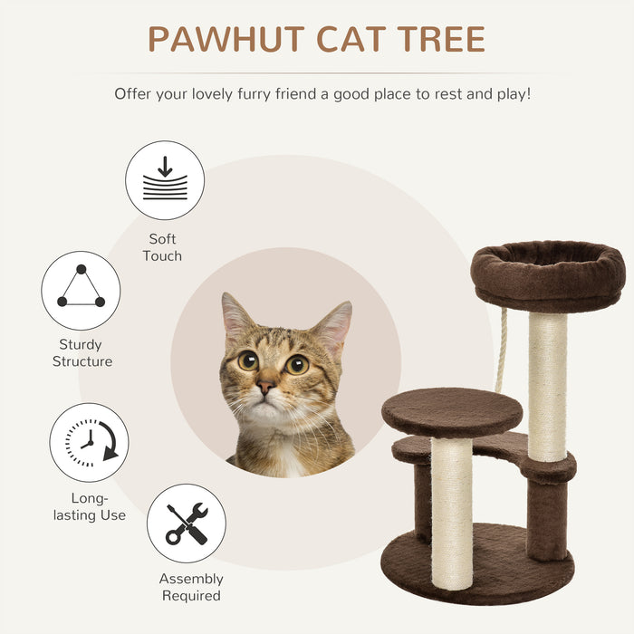 65 cm Cat Tree for Indoor Cats Kitty Scratcher Kitten Activity Center Scratching Post Playhouse 2 Perch w/ Hanging Sisal Rope Brown