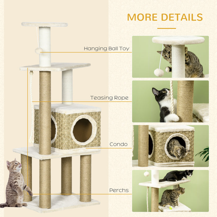 Cat Tree Climbing Kitten Tower Activity Centre for Indoor Cats w/ Jute Scratching Post, Cat House, Kitten Stand, Hanging Toy Ball - Beige