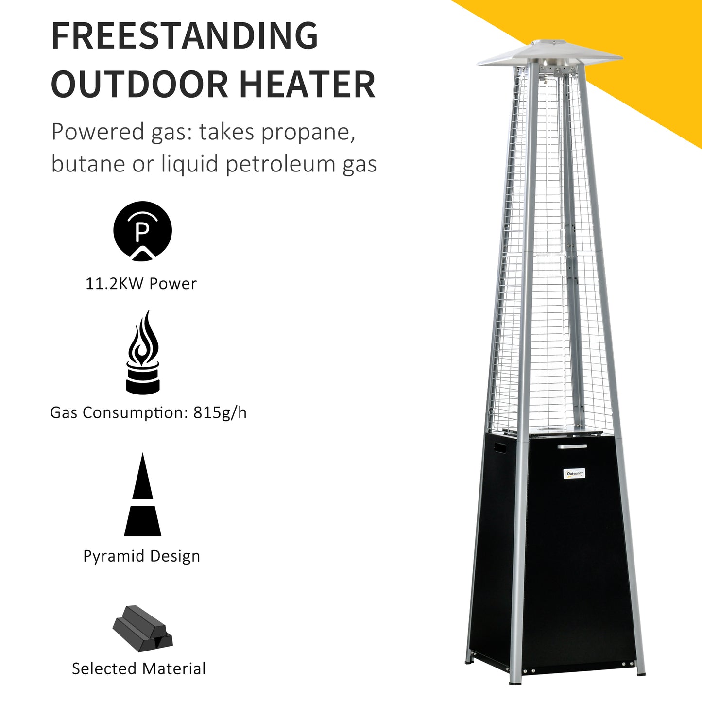 11.2KW Outdoor Patio Gas Heater Freestanding Pyramid Propane Heater Garden Tower Heater with Wheels, Dust Cover, Black, 50 x 50 x 225cm