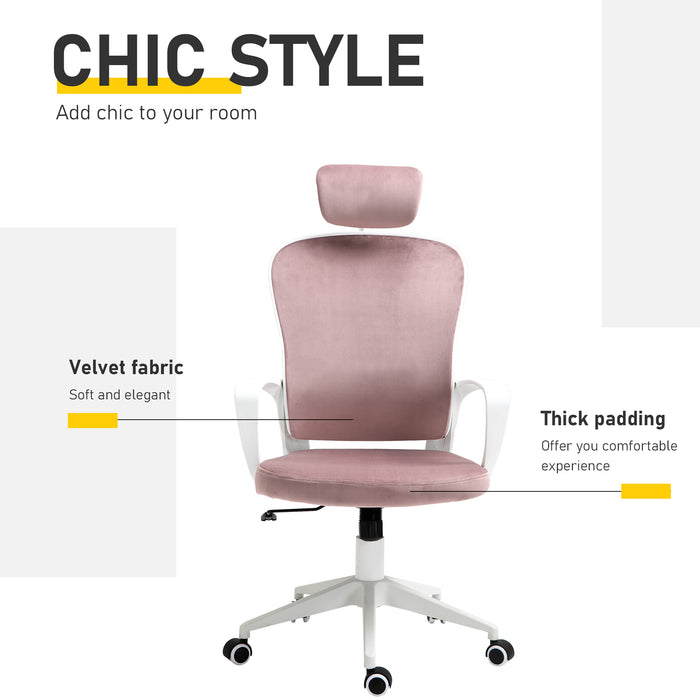 High-Back Office Chair Velvet Style Fabric Computer Home Rocking with Wheels, Rotatable Liftable Headrest, Pink