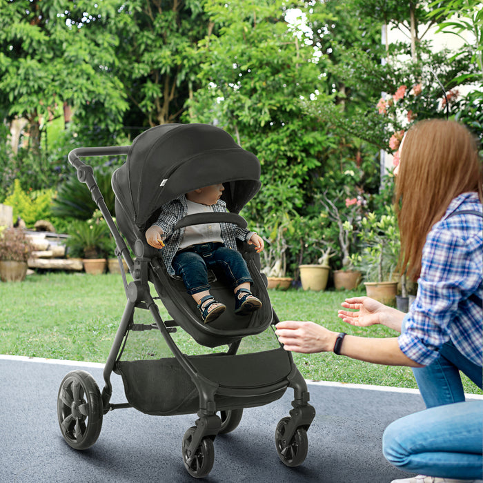 HOMCOM 2 in 1 Pushchairs and Strollers w Reversible Seat Single Hand Foldable Lightweight Baby Stroller w Fully Reclining Backrest 5 Point Harness Adjustable Handlebar from Birth to 3 Yrs Black QuidsI...