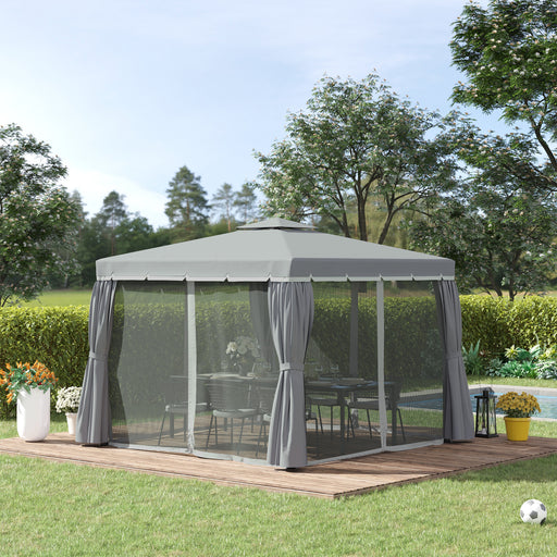 Outsunny 3 x 3(m) Patio Gazebo Canopy Garden Pavilion Tent Shelter Marquee with 2 Tier Water Repellent Roof, Mosquito Netting and Curtains, Aluminium Frame, Grey