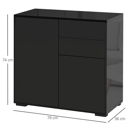 High Gloss Sideboard, Side Cabinet, Push-Open Design with 2 Drawer for Living Room, Bedroom, Black