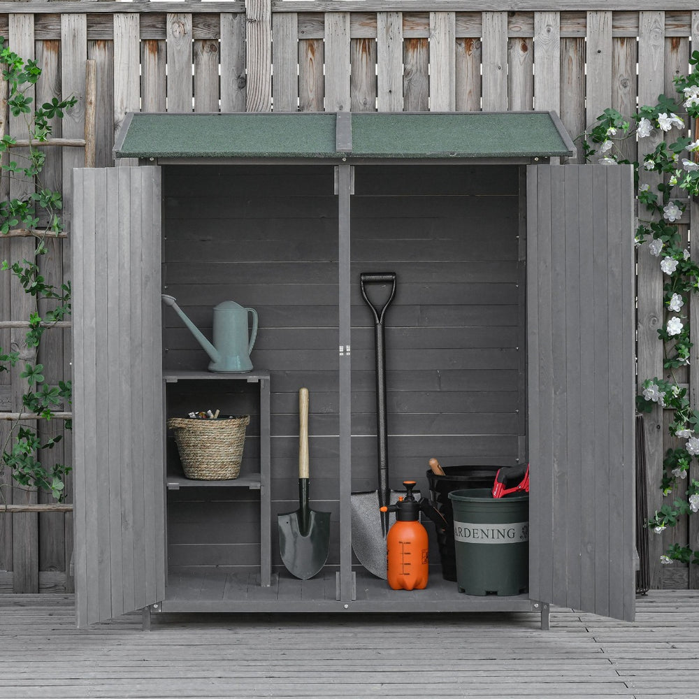 Outsunny Garden Wood Storage Shed w/ Flexible Table, Hooks and Ground Nails, Multifunction Lockable Sheds and Outdoor Asphalt Roof Tool Organizer, 139 x 75 x 160cm, Grey