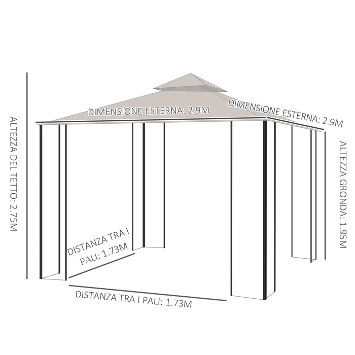 3 x 3(m) Garden Gazebo Patio Party Tent Shelter Outdoor Canopy Double Tier Sun Shade Metal Frame Netting Beige