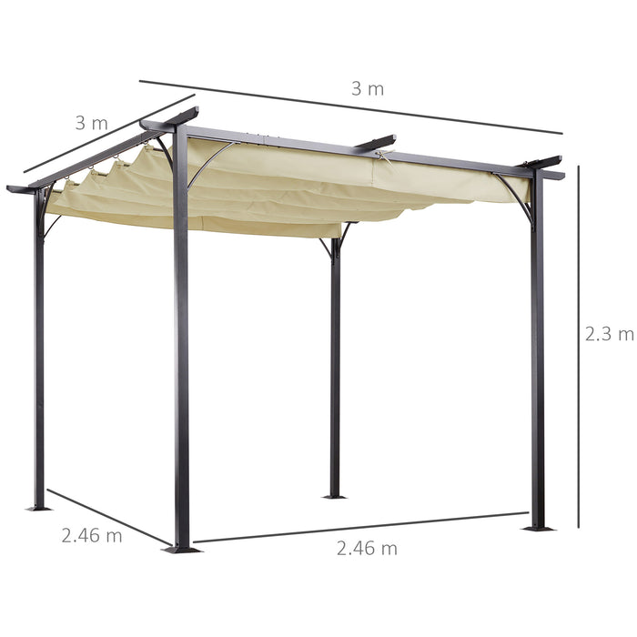 3 x 3(m) Metal Pergola with Retractable Roof, Garden Gazebo Metal Pergola Canopy. Outdoor Sun Shade Shelter for Party BBQ, Beige