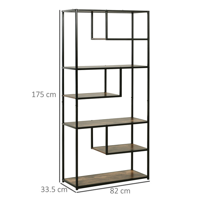 Wood Shelf Bookcase Industrial Style Stand 6-Staggered Shelf Living Room Display Rack Organiser