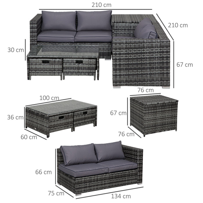 4-Seater Rattan Wicker Garden Furniture Patio Sofa Storage & Table Set w/ 2 Drawers Coffee Table,Great Cushioned 4 Seats Corner Sofa - Grey