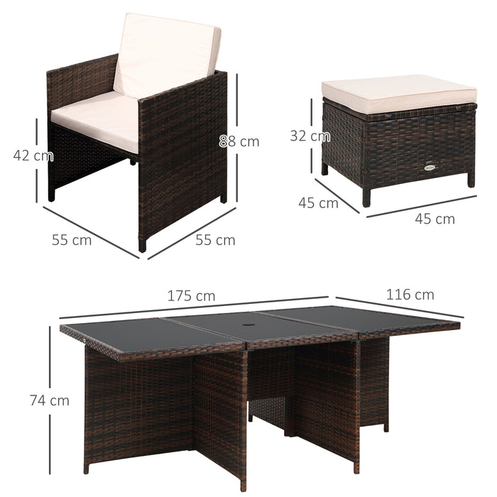 Outdoor 11pc Rattan Garden Furniture Patio Dining Set 10-seater Cube Sofa Weave Wicker 6 Chairs 4 Footrests & 1 Table Mixed Brown