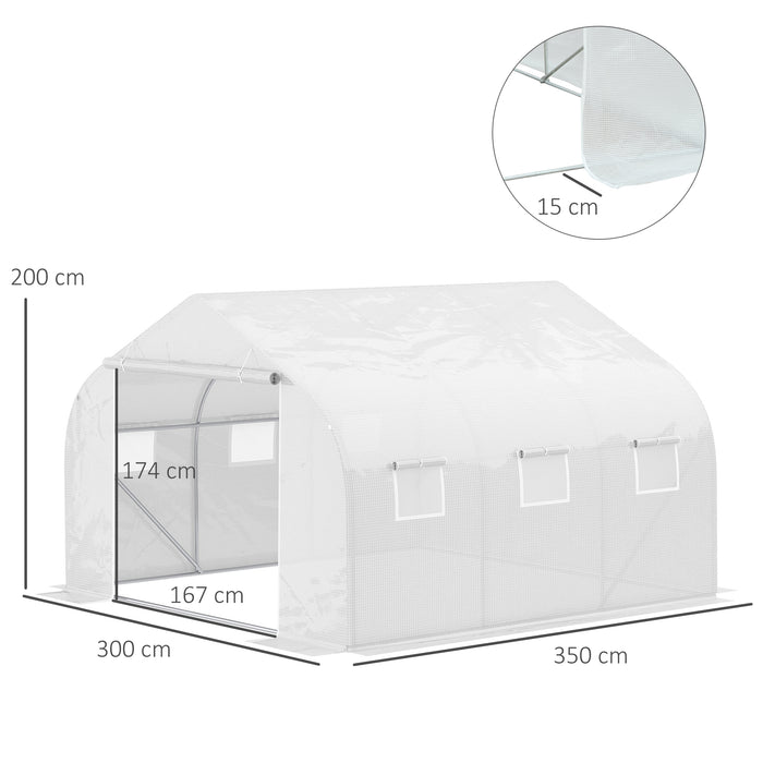 3.5 x 3 x 2m Walk-In Greenhouse Polytunnel Greenhouse Garden Hot House with Steel Frame, Roll Up Door and Windows, White