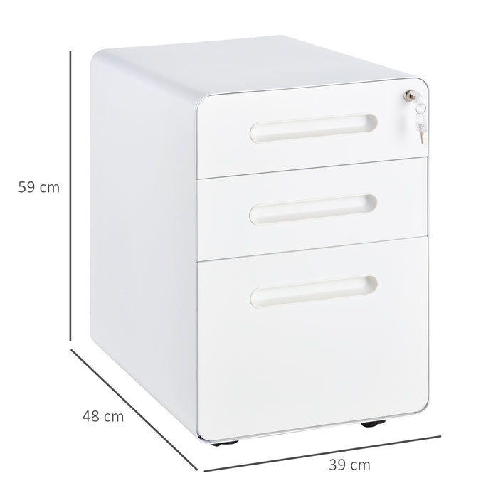 Fully Assembled 3-Drawer Mobile File Cabinet Lockable All-Metal Rolling Vertical File Cabinet White