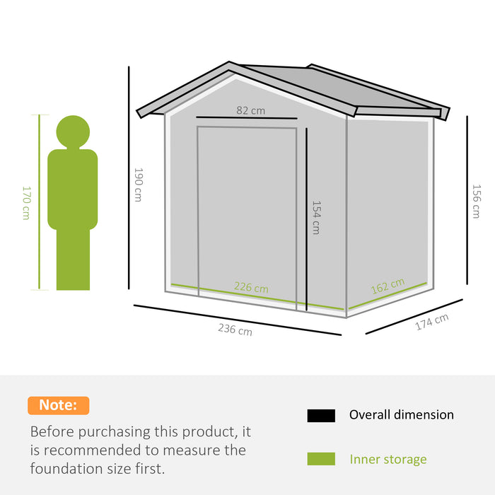 8 x 6ft Metal Garden Shed, Galvanised Outdoor Tool Storage House with Ventilation Slots and Sliding Doors, Grey